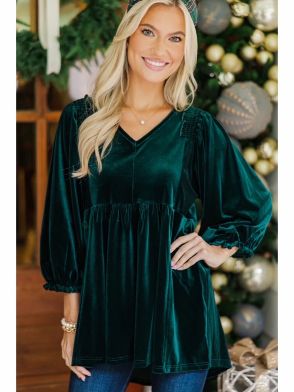 Umgee Green Velvet Babydoll Tunic Top Size M Hi Low Holiday Boho Festival Casual - Picture 9 of 9